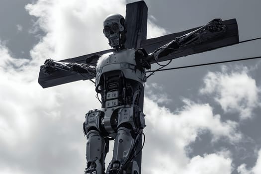 Crucified robot for AGI cyber god concept. Neural network generated image. Not based on any actual person or scene.