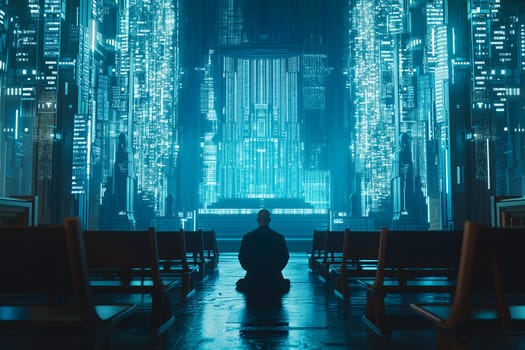 Human praying to AI god with glowing blue symbols in the background. Neural network generated image. Not based on any actual person or scene.