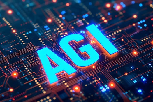 AGI - artificial general intelligence - microchip on black circuit board with orange glow, dedicated AI hardware concept