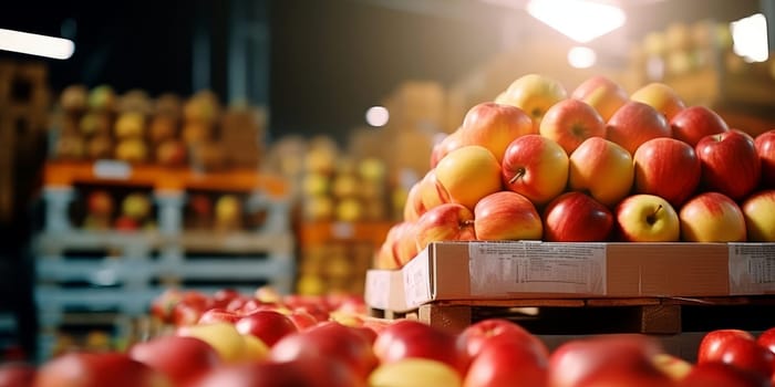 Apples in a food processing facility, clean and fresh in store . Generative AI.