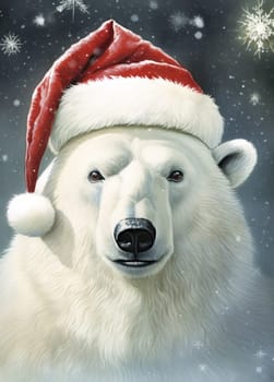 A white polar bear in a red Santa Claus hat. New year or Christmas concept. Generative AI.