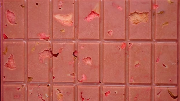 A bar of pink ruby chocolate with freeze-dried strawberries and almonds close-up. A healthy dessert based on berries and nuts