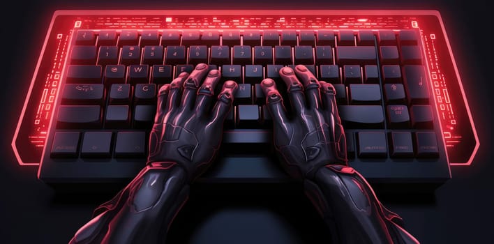 a hand of a robot typing on a laptop, chatbot robotic futuristic artificial intelligence concept. AI generative.