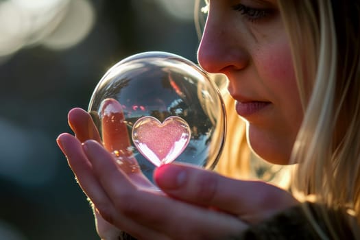 woman holding heart in valentine's day, sunset in the background. Generative AI.