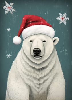 A white polar bear in a red Santa Claus hat. New year or Christmas concept. Generative AI.