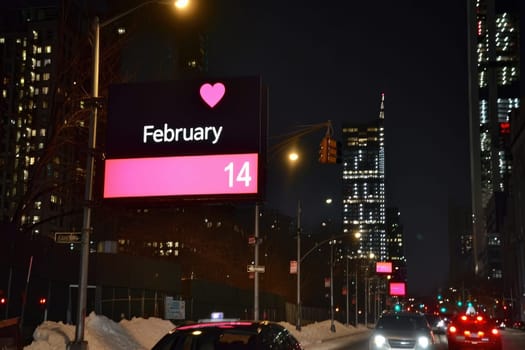 Valentines day theme with light text on billboard. Generative AI.