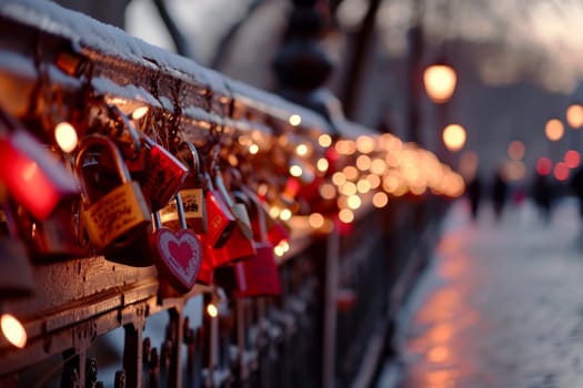 Padlock in shape of a heart on a fence among many other padlocks. Valentines Day, love and relationship concept. Generative Ai.