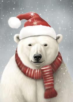 A white polar bear in a red Santa Claus hat. New year or Christmas concept. Generative AI.