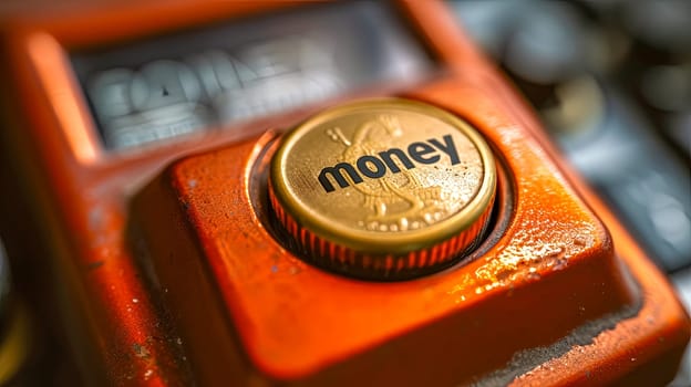 A close-up of an electric blue button with 'money' written on it, made of metal and wood, resembling a fashion accessory.