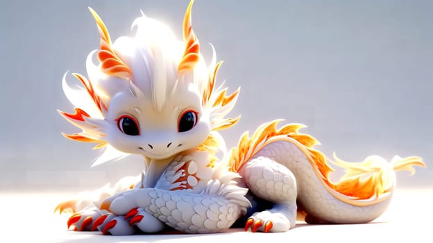 Cute 3D images of little dragons. Panoramic background with Asian Chinese little cute dragon, in high resolution. AI generated.