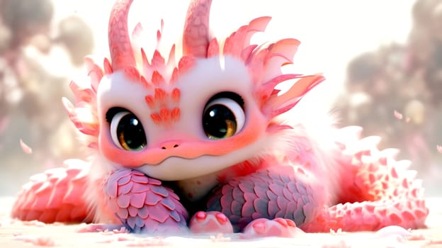 Cute 3D images of little dragons. Panoramic background with Asian Chinese little cute dragon, in high resolution. AI generated.