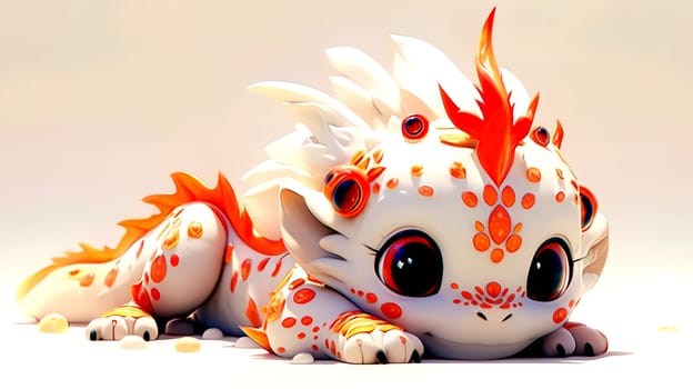 Cute 3D images of little dragons. Panoramic background with Asian Chinese little cute dragon, in high resolution. AI generated.