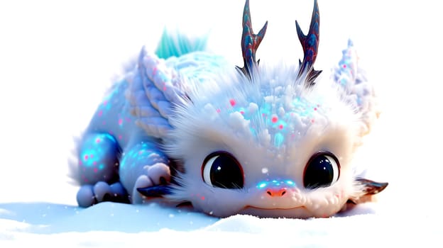 Cute 3D images of little dragons. Panoramic background with Asian Chinese little cute dragon, in high resolution. AI generated.