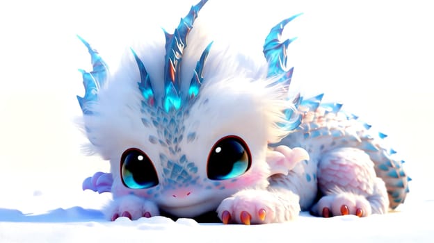 Cute 3D images of little dragons. Panoramic background with Asian Chinese little cute dragon, in high resolution. AI generated.