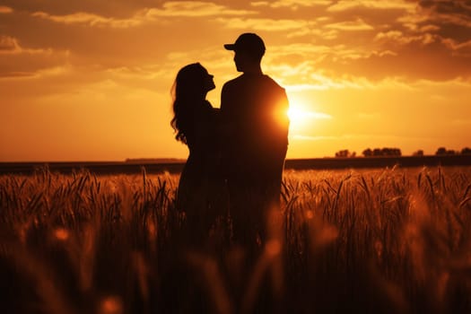 a couple of love standing in a field of wheat at sunset . generative ai.
