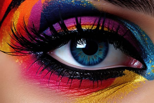 Close-up of a woman's eye in multicolor make up. Generative AI technology..