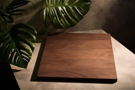 wooden mockup of tropical nature leaves on background leaves . Generative AI.