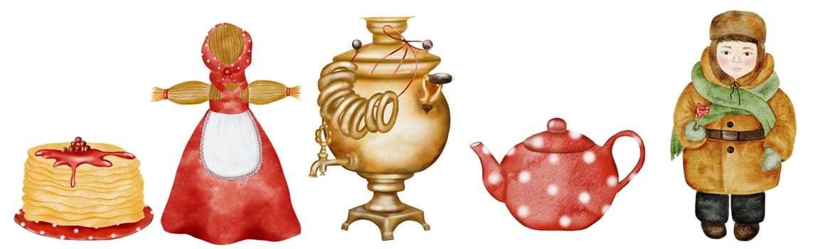 Wide Shrovetide horizontal set on isolated white background with samovar, pancakes, straw effigy and child with rooster. Cute traditional national traditional pictures with bagels and teapot. Illustrations for Happy Maslenitsa banners, cards and posters design