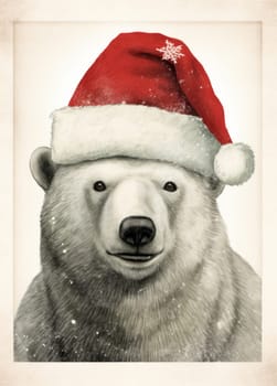 A white polar bear in a red Santa Claus hat. New year or Christmas concept. Generative AI.