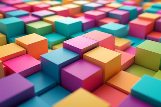 Colored cubes, colorful blend in distinct large square blocks, 3d wallpaper or background.