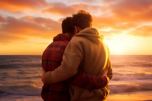 Portrait of a happy young lgbt male couple hugging on beach. Generative AI.