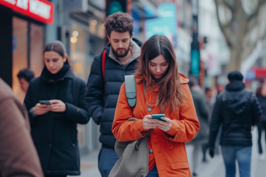 Nomophobia, people walking outdoors at the city street holding their smartphone.