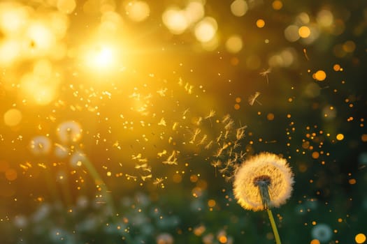 Dandelion, Beautiful colors of the setting sun, Seed coming away from dandelion.