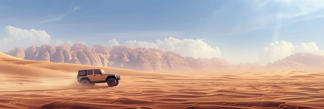A jeep making its way across a desert landscape with majestic mountains towering in the distance.
