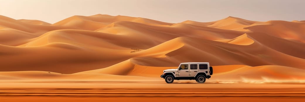 A jeep navigates through the desert landscape, with majestic sand dunes stretching across the horizon.
