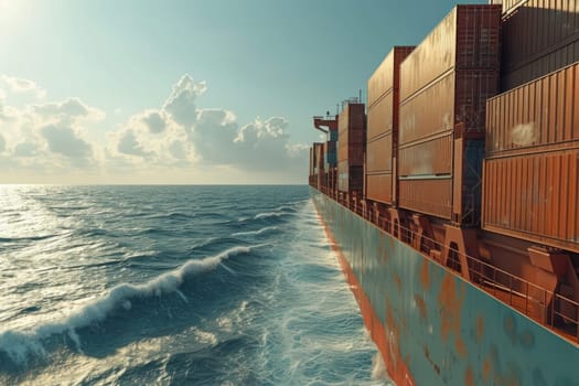 A massive cargo ship sails through the vast expanse of the ocean, carrying goods and navigating the waves with precision.