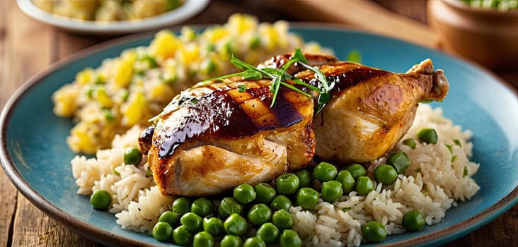 Grilled chicken, with rice and green peas served on plate, wooden rustic table background. Close-up view, grilled chicken thigh with grill marks, surrounded by rice and green peas in blue dish