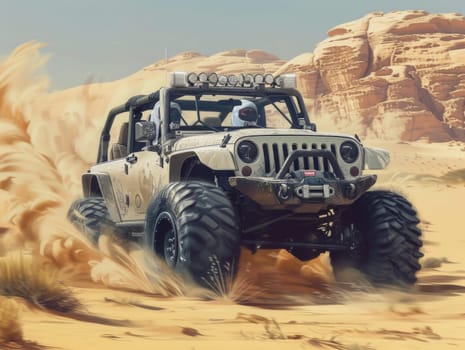 A jeep navigates through a desert terrain, with rocks in the background.