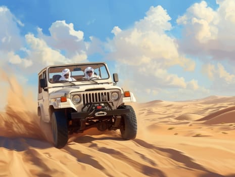 A white jeep drives through a desert, kicking up clouds of sand as it navigates the rugged terrain.