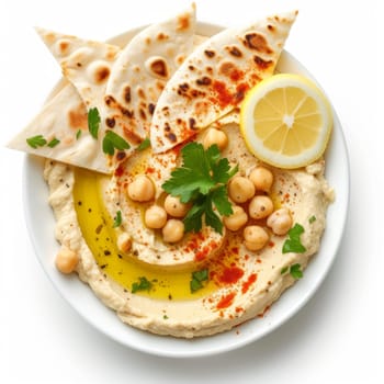 top view of hummus with lemon and olive oil, served with arabic bread,isolated on white background.