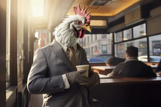 a chicken in a business suit on a business office background, ai generative.