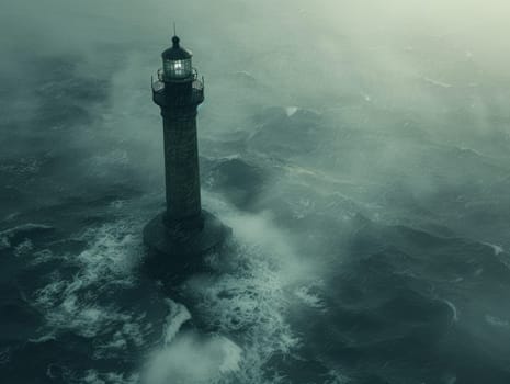 A lighthouse stands tall and firm in the middle of a vast body of water, serving as a beacon to guide ships through safe pathways.