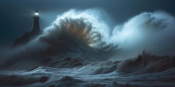 A painting capturing a lighthouse standing resiliently amidst crashing waves and dark stormy skies.