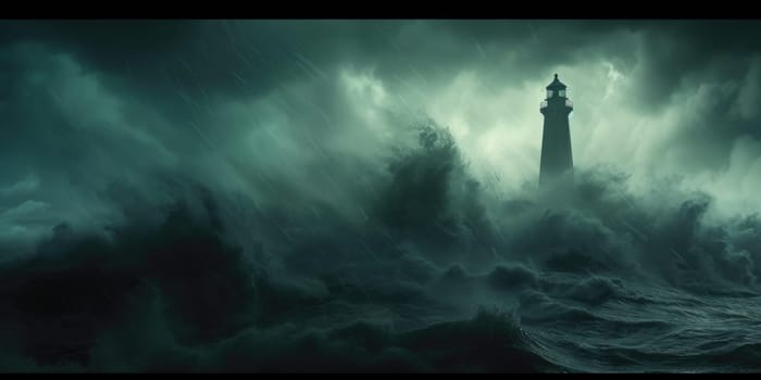 A lighthouse stands strong amidst crashing waves and turbulent waters during a fierce storm at sea.