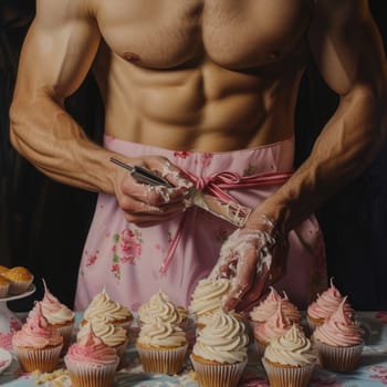 A man is seen in a pink apron, skillfully preparing cupcakes with precision and expertise.