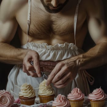 A man skillfully uses a knife to cut into a batch of freshly baked cupcakes.