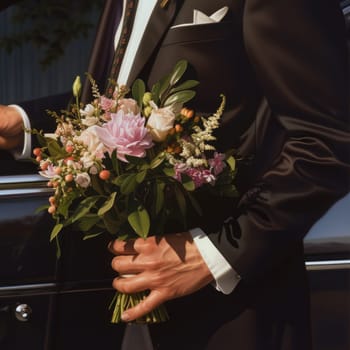 A well-dressed man in a tuxedo stands confidently, holding a beautifully arranged bouquet of flowers in his hands.