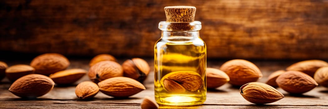almond essential oil in a bottle. Selective focus. nature.