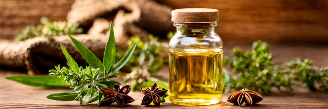 Anise essential oil in a bottle. Selective focus. nature.