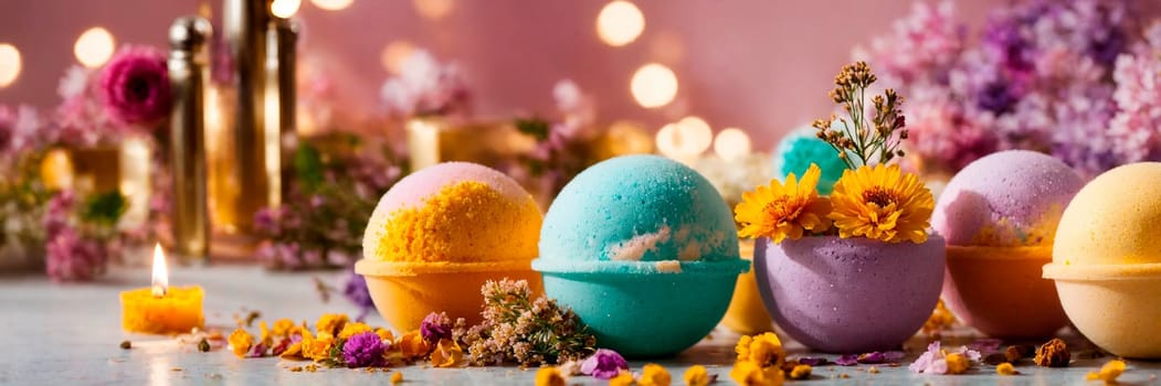 many colorful bath bombs. Selective focus. nature.