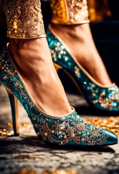 Beautiful shoes decorated with rhinestones. Selective focus. Holiday.