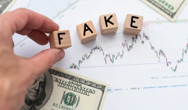 Fake news symbol. Wooden blocks with concept words Fake news on beautiful background from dollar bills. Business media and fake news concept. Copy space. High quality photo