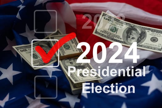 Presidential Election 2024 text on a mini chalkboard over a vintage background with part of the American Flag. Top view. High quality photo
