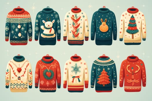 illustration of a pattern of ugly Christmas sweaters for wallpapers. AI generative.