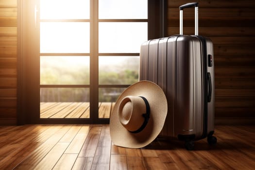 Suitcase and straw hat at the hotel Travel , holidays, vacation concept.. Generative Ai.