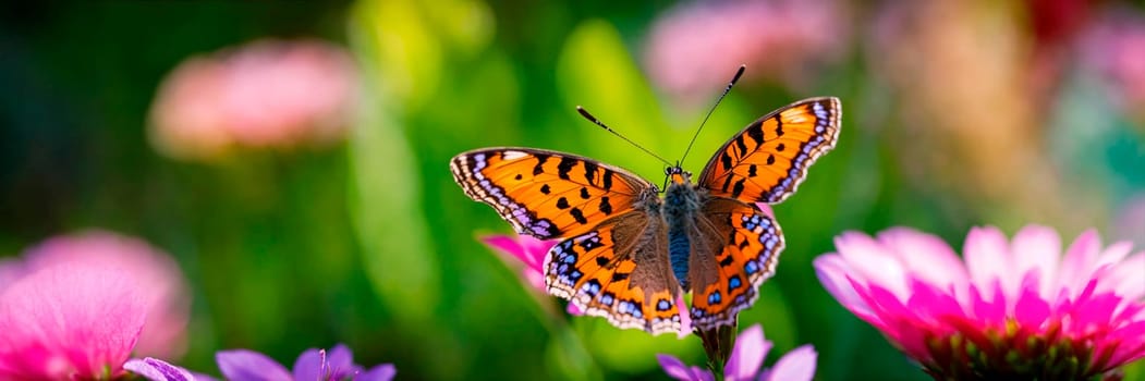 a butterfly collects pollen on flowers. Selective focus. nature.